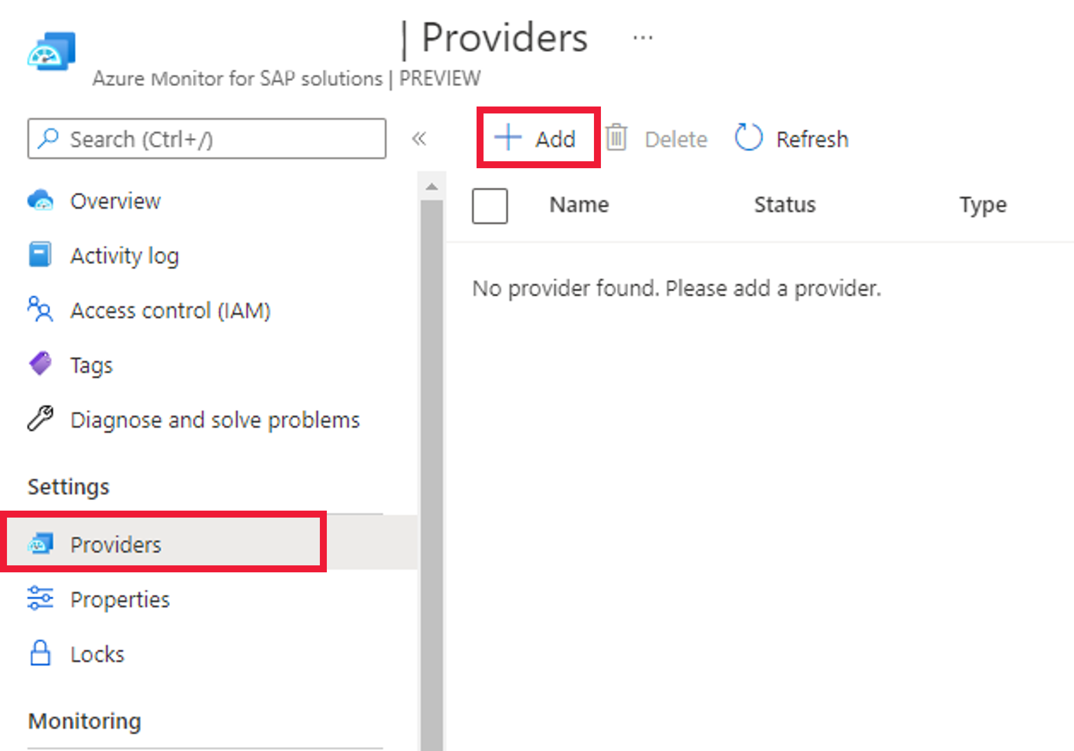 Screenshot that shows the Azure Monitor for SAP solutions resource in the Azure portal, with the button to add a new provider.