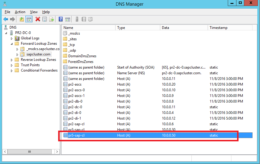 A screenshot of DNS Manager highlighting the defined DNS entry for the new SAP ASCS/SCS cluster virtual name and TCP/IP address.