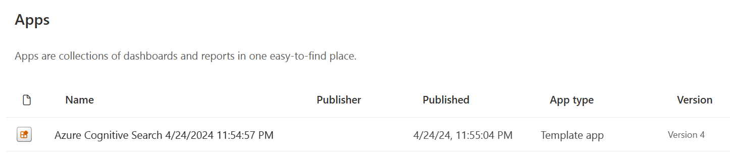 Screenshot showing the Power BI template app tile with the legacy Azure Cognitive Search name.
