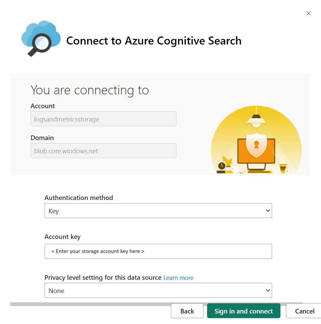 Screenshot showing how to set authentication method, account key, and privacy level in the connection page.