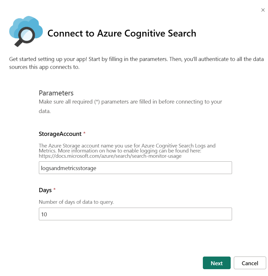 Screenshot showing how to enter the storage account name and number of days in the Connect to your data page.