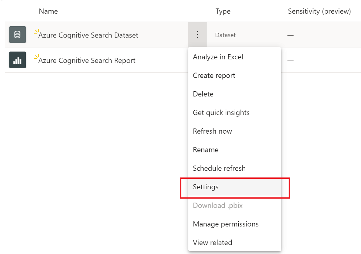 Screenshot showing how to select Settings from the dataset options in the Power BI workspace.