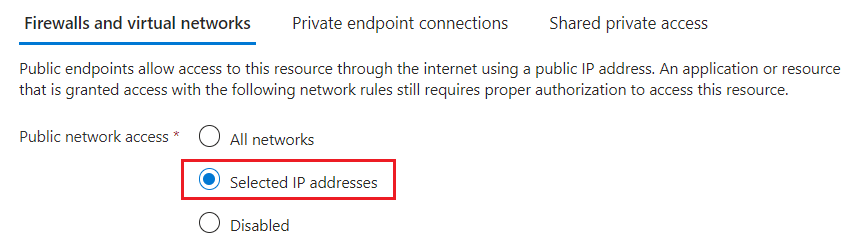 Screenshot of the option to allow public network access from selected IP addresses in the Azure portal.