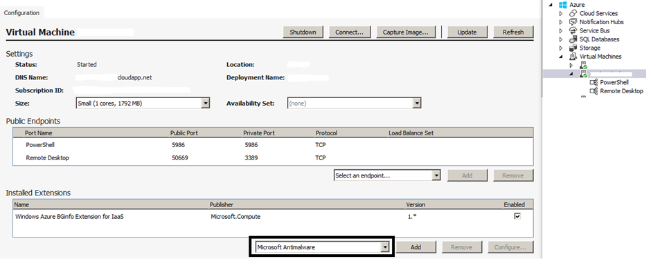 Screenshot of Visual Studio Server Explorer showing virtual machine configuration options.