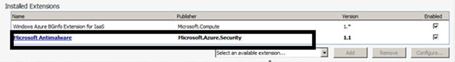 Screenshot of Visual Studio Server Explorer showing the list of installed virtual machine extensions.