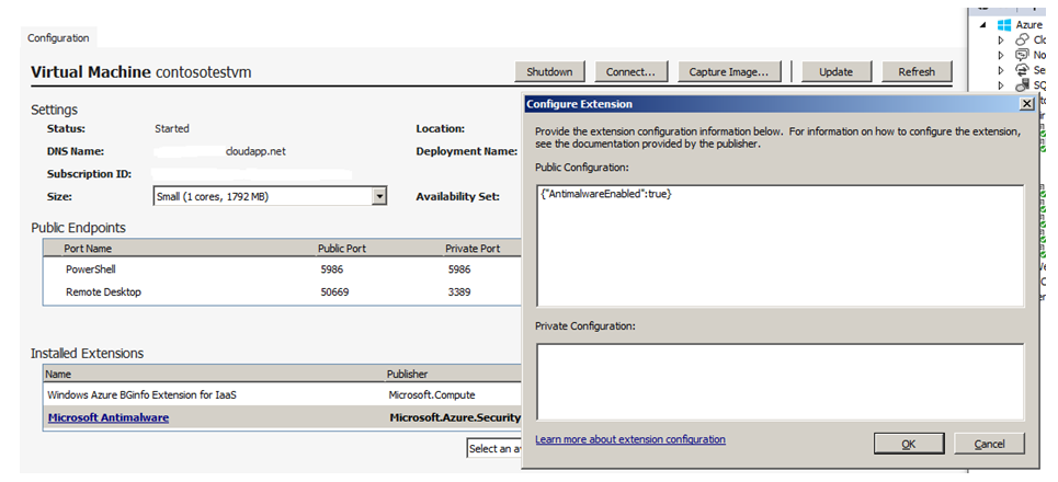 Screenshot of the Microsoft Antimalware extension configuration dialog in Visual Studio Server Explorer.