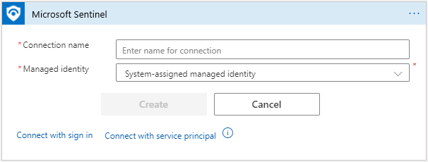 Screenshot of the Microsoft Sentinel connector showing the connection name and system-assigned managed identity options.