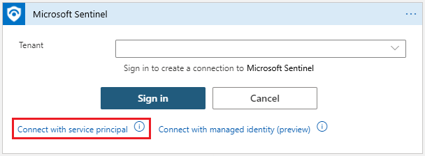 Screenshot of the Microsoft Sentinel connector authentication options with Connect with Service Principal selected as the authorization method.