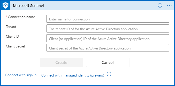 Screenshot of Microsoft Sentinel connector fields for service principal authentication, including tenant ID, client ID, and client secret.