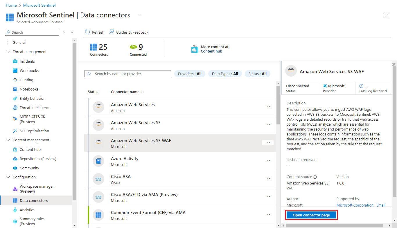 Screenshot of data connectors gallery showing AWS S3 EKS connector.