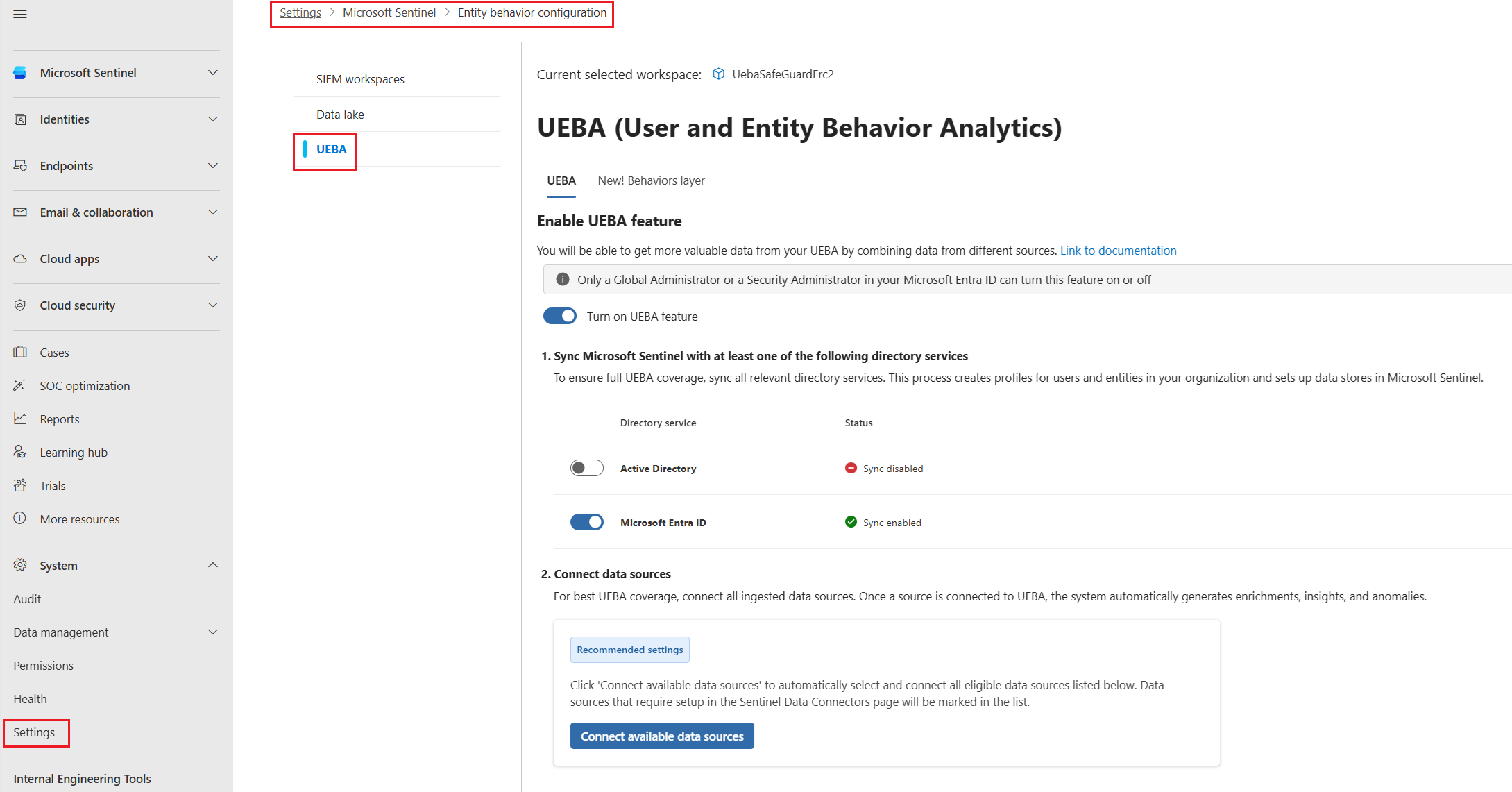 Screenshot of UEBA tab.