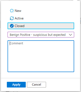 Screenshot of the incident closing dialog with a classification selected and a descriptive comment added.