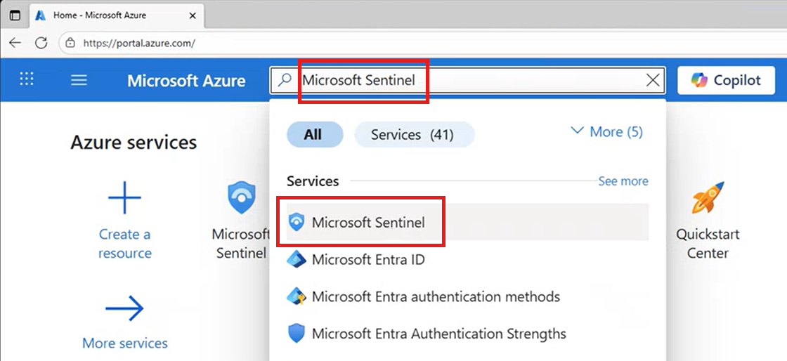 Screenshot of searching for and selecting Microsoft Sentinel from the Azure portal.