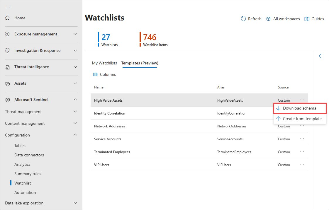 Screenshot of the Watchlist Templates tab with the Download Schema option selected from the context menu.