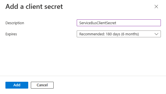 Screenshot that shows the pane for adding a client secret.