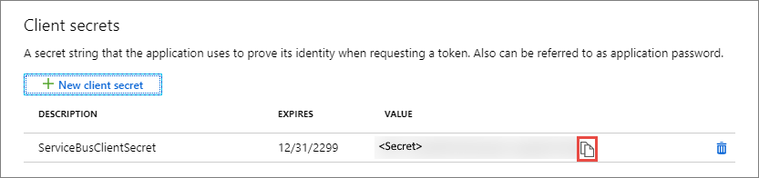 Screenshot that shows the area for client secrets, along with the button for copying a secret.