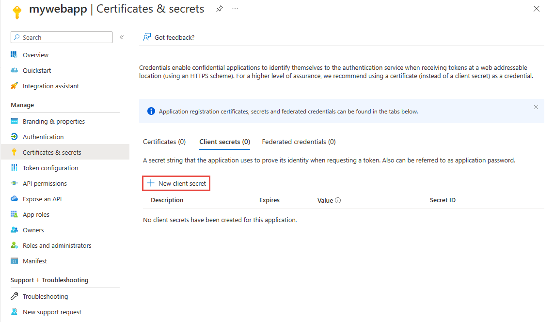 Screenshot that shows the button for creating a client secret in the pane for certificates and secrets.