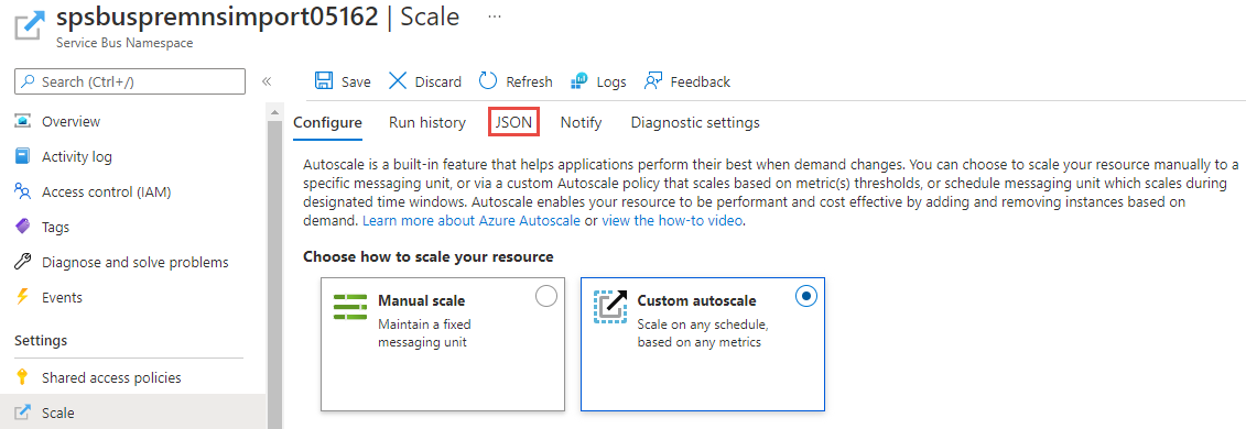 Image showing the selection of the JSON button on the command bar of the Scale page in the Azure portal.