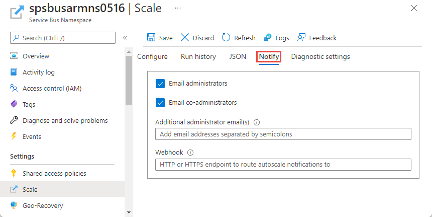 Screenshot showing the Notify tab of the Scale page.