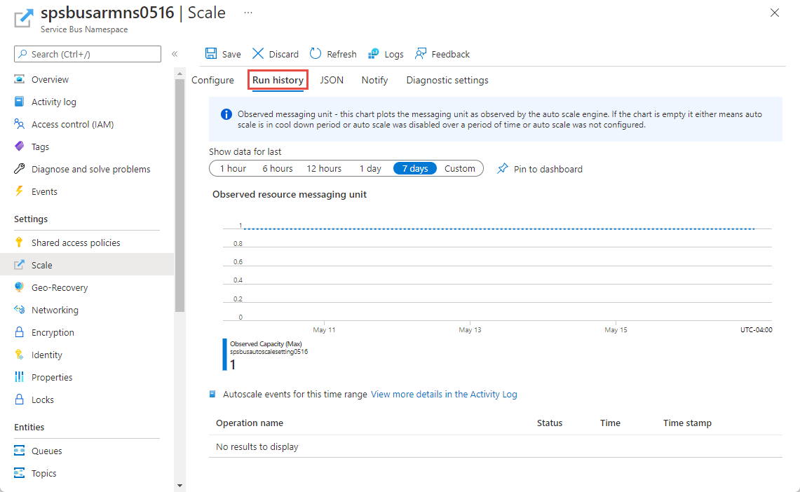 Screenshot showing Run history on the Scale page.