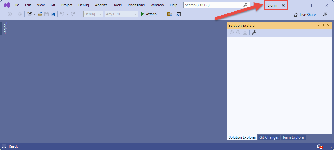 Screenshot of the Sign in button in Visual Studio.