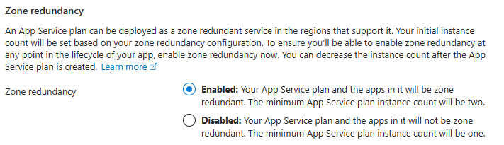 Screenshot of the Azure portal, enabling zone redundancy in App Services.