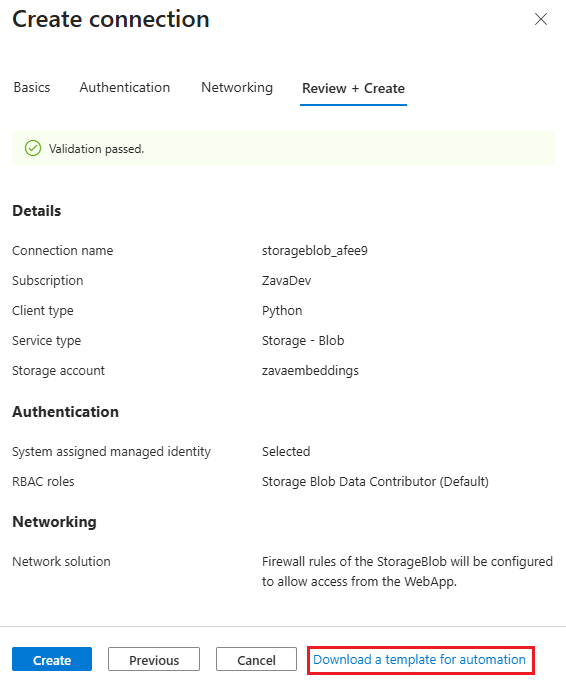 Screenshot of exporting a Bicep template of a service connector resource in the Azure portal.