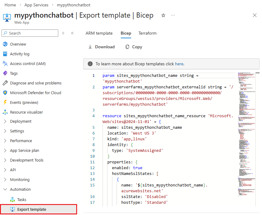 Screenshot of exporting a Bicep template of a web app in the Azure portal.