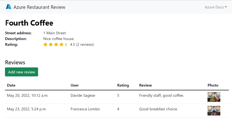 Screenshot of the sample app showing restaurant review functionality using App Service, Azure Database for PostgreSQL, and Azure Storage.