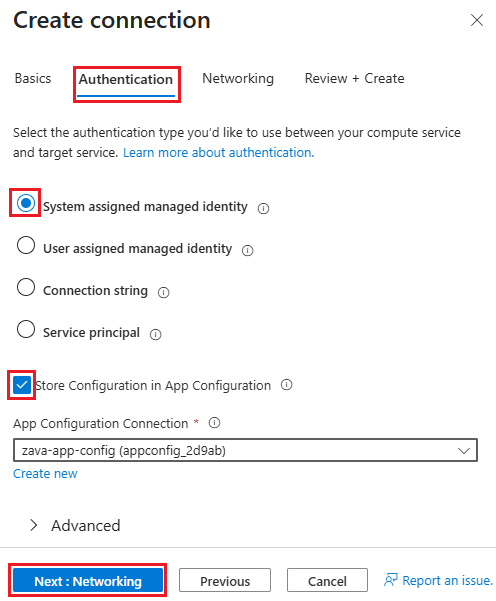 Screenshot of the Azure portal, selecting Blob Storage connection auth.