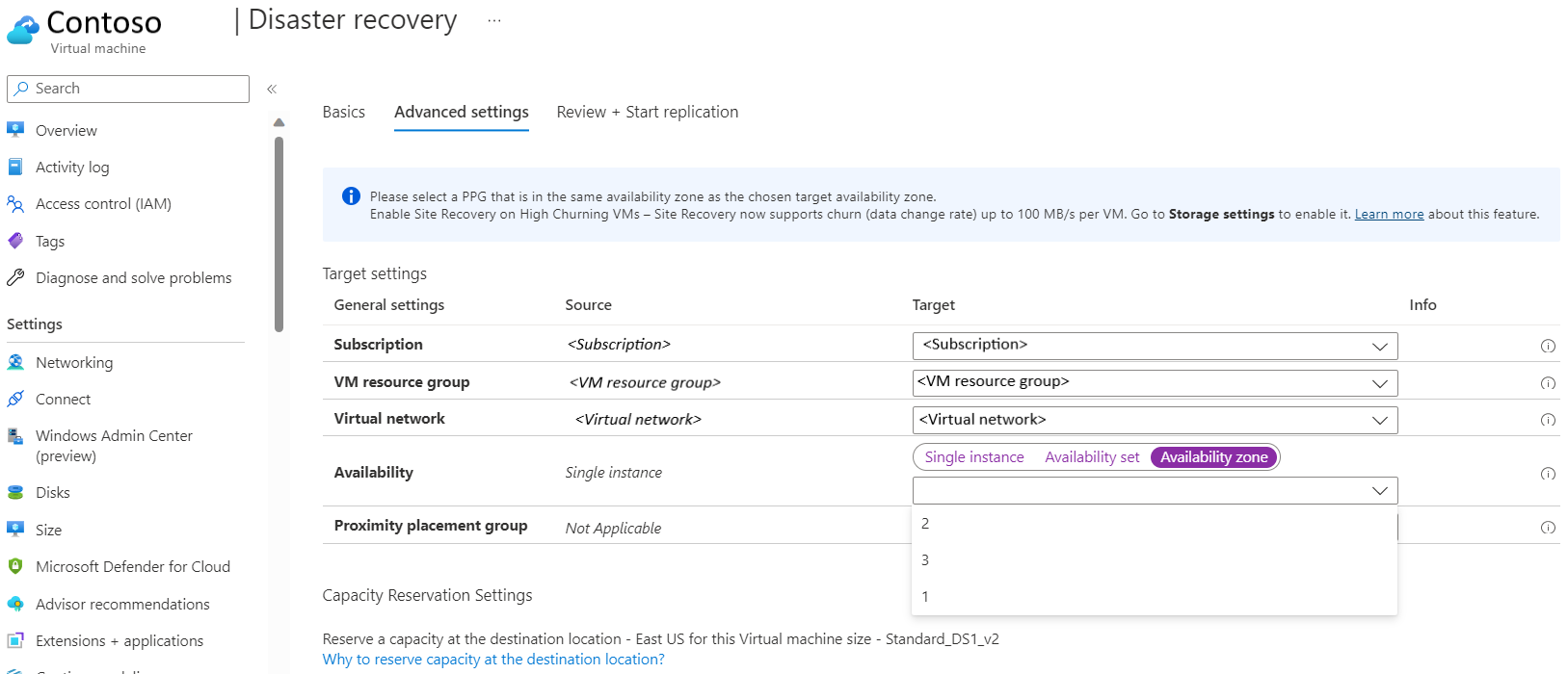 Screenshot of the Advanced settings tab showing replication settings for zone-to-zone disaster recovery.