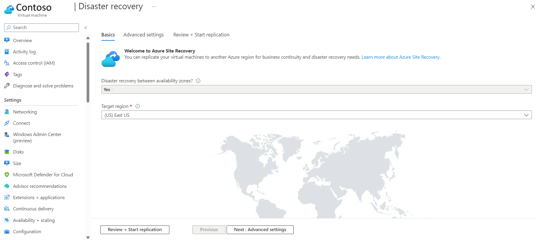 Screenshot of the Basics tab showing the option to enable disaster recovery between availability zones for an Azure VM.