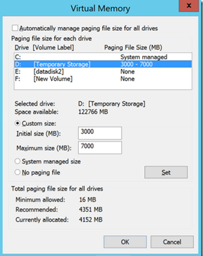 Paging file settings on Azure virtual machine.