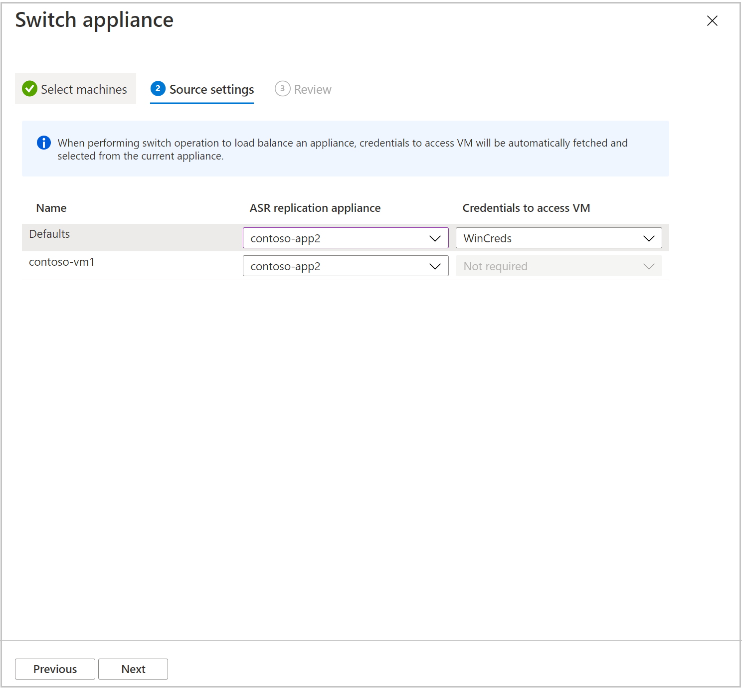 Screenshot of source settings for replication appliance.