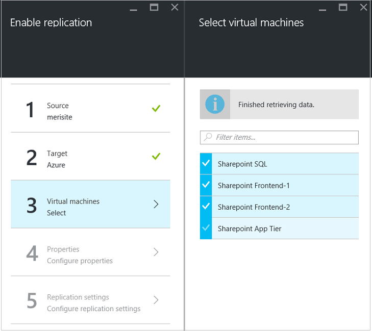 Enable replication Select virtual machines window.