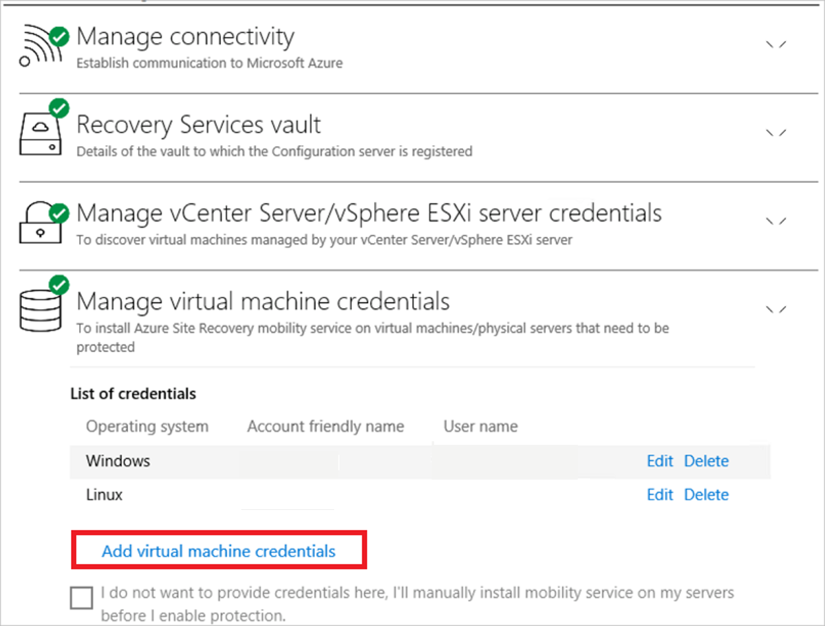 Screenshot that shows the Manage virtual machine credentials pane with Add virtual machine credentials.