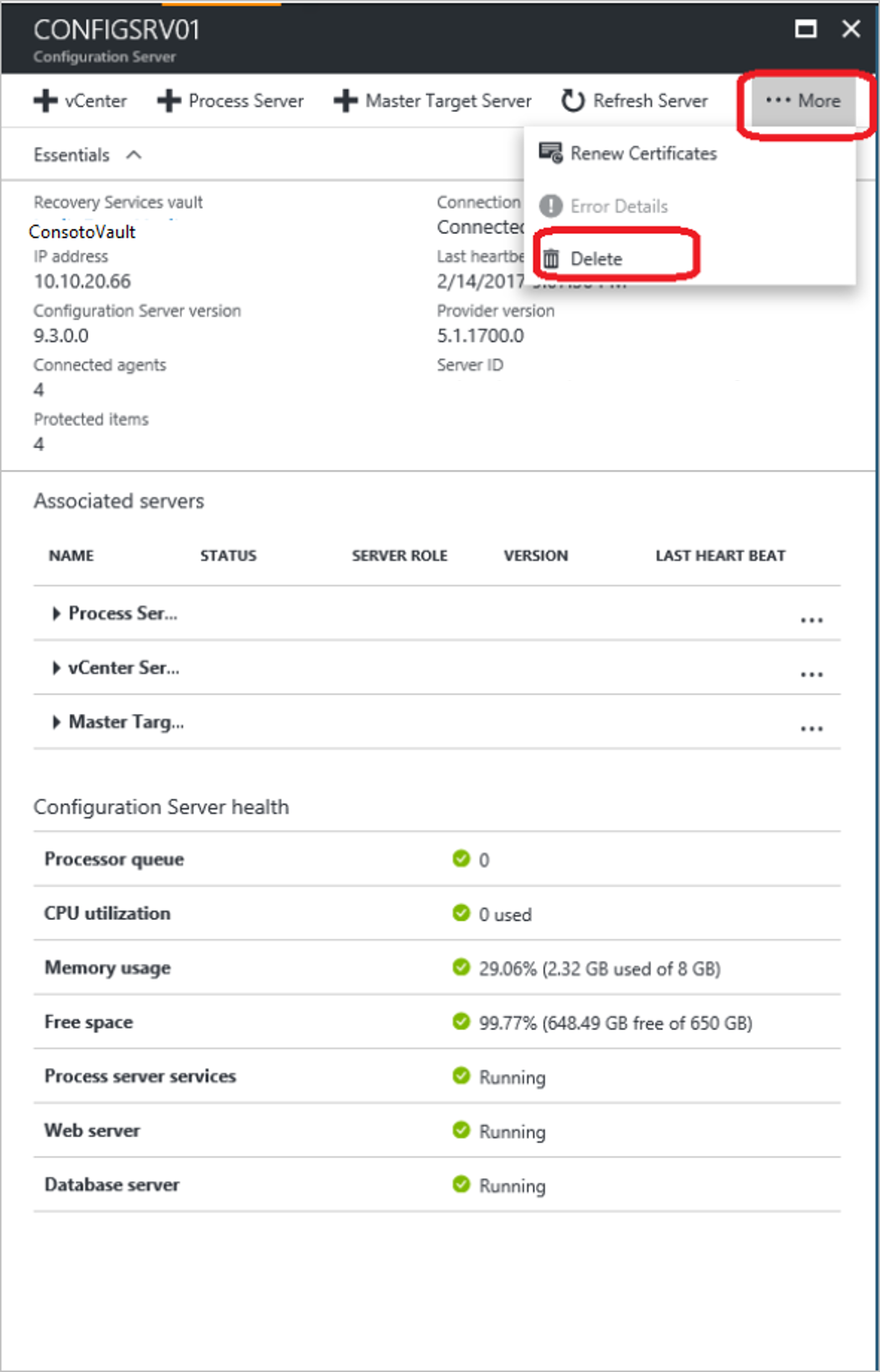 Screenshot that shows deleting the configuration server.