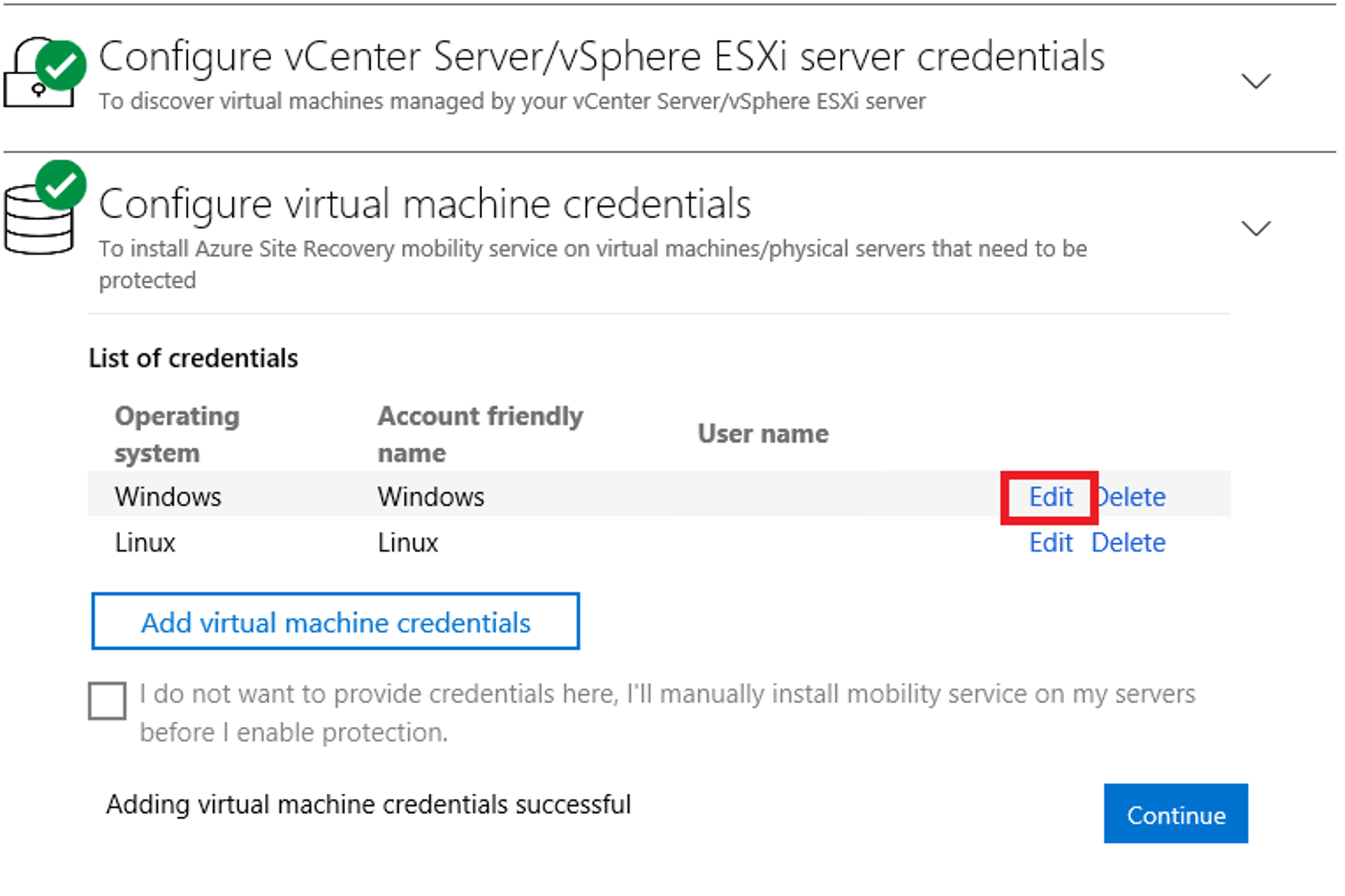 Screenshot that shows modifying Mobility service credentials.