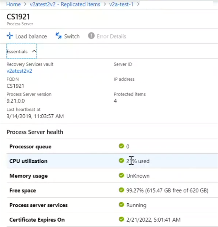 Process server details in VM dashboard.