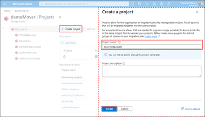 Screenshot of the Storage Mover's Create a project page.