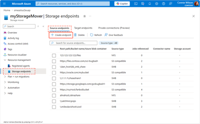 Screen capture of the Storage Mover's Source Endpoint pane, highlighting the steps required to access it.