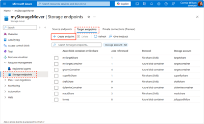 Screen capture of the Storage Mover's Target Endpoint pane, highlighting the steps required to access it.