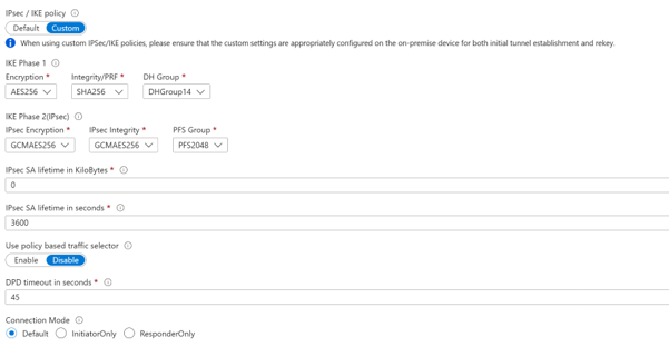 Screen capture of a custom IPsec/IKE settings example.