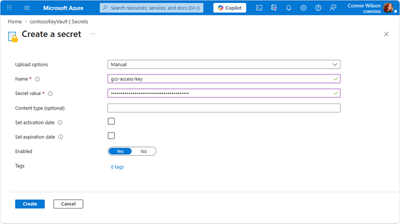 Screen capture displaying the fields relevant to the Key Vault 'Create a secret' window to save your access key.