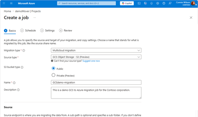 Screen capture displaying the fields relevant to the Storage Mover 'Create project' window's Basics tab.