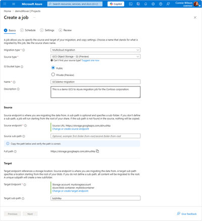 Screen capture displaying the fields relevant to the Storage Mover 'Create project' window's fields within the Basics tab.
