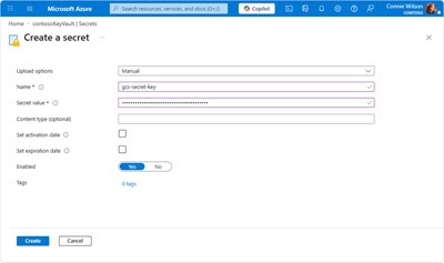 Screen capture displaying the fields relevant to the Key Vault 'Create a secret' window to save your secret key.