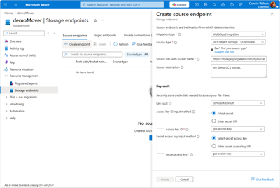 Screen capture displaying the fields relevant to the Storage Mover 'Create source endpoint' window.
