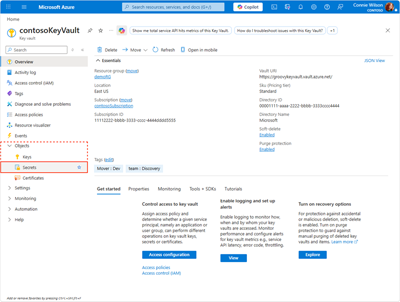 Screen capture highlighting the location of the Key Vault secrets menu item in the left navigation.