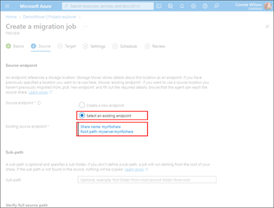 Screen capture of the Source tab illustrating the location of the Existing Source Endpoint field.
